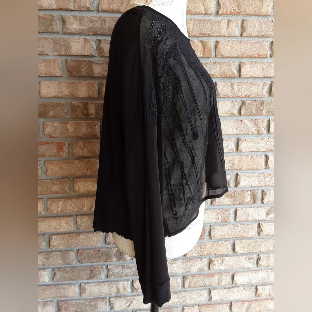 Free People Black Sheer Long Sleeve Boho Oversized Top with Embroidered Detail.